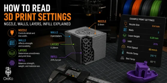 how-to-read-3d-print-settings-nozzle-walls-layers-infill-explained-img-q60 3D print settings breakdown showing nozzle size walls layer height and infill explained for FDM beginners