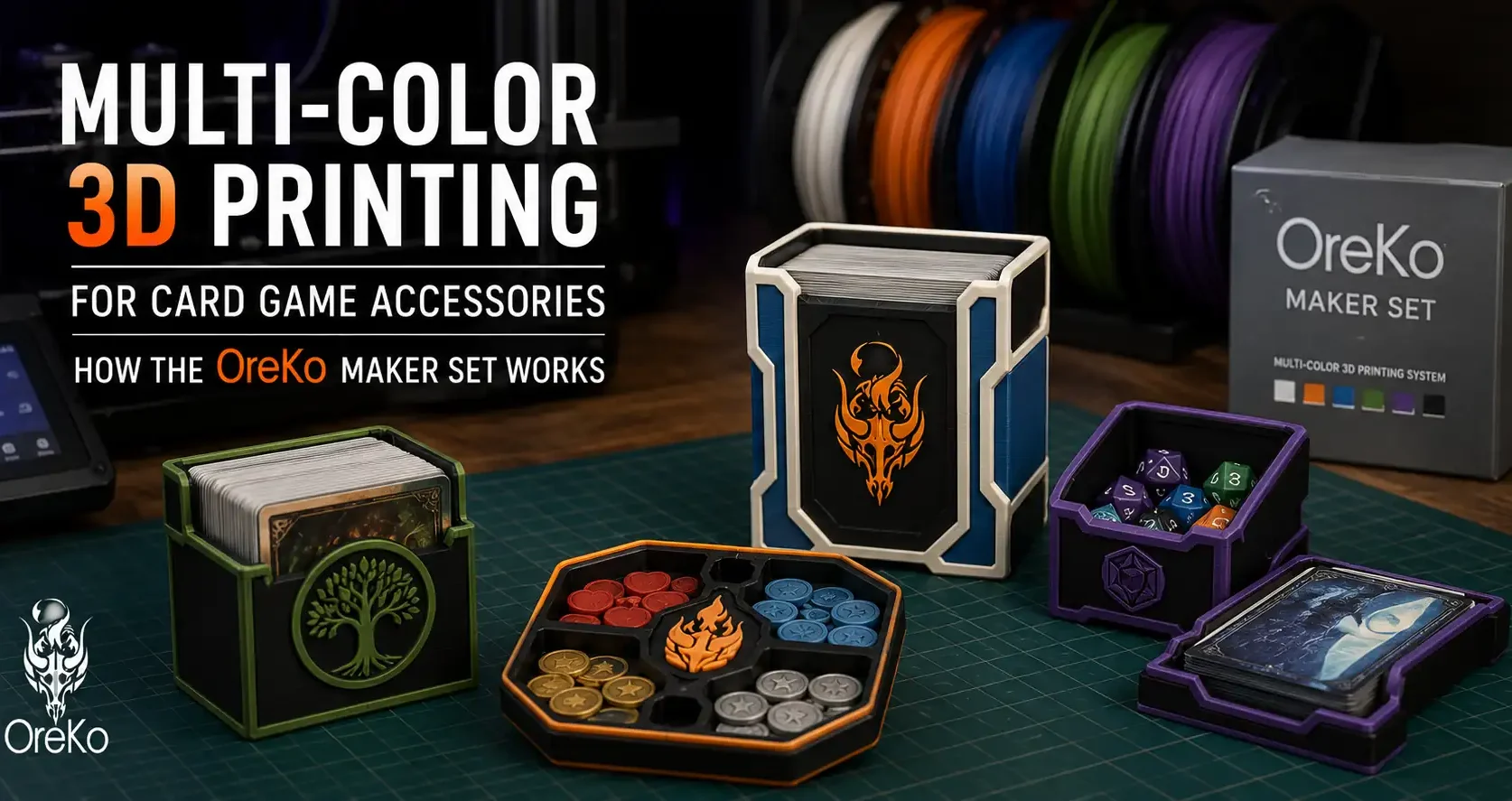 Multi-color 3D printing for card game accessories showing OreKo Maker Set AMS color workflow