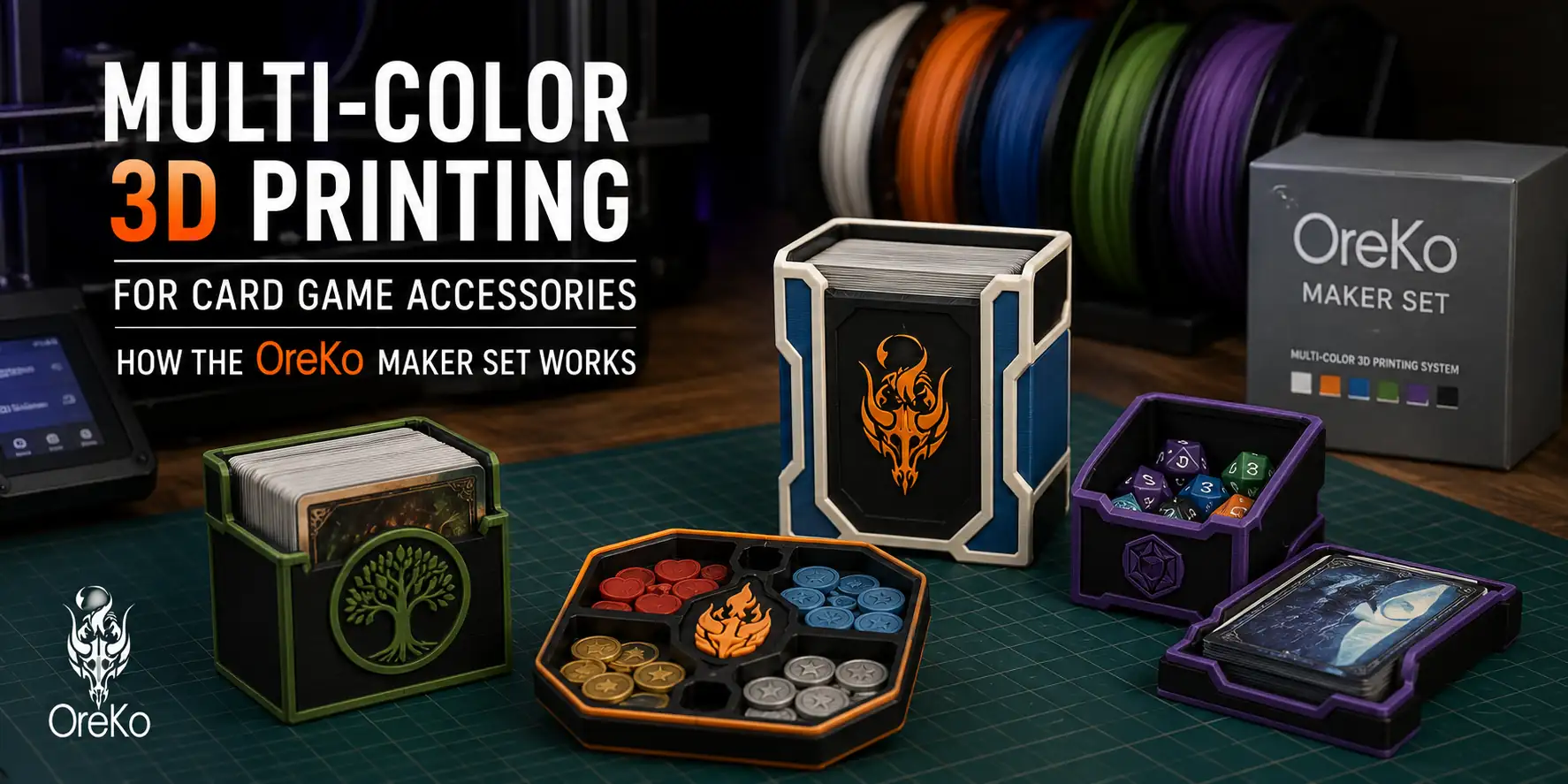 Multi-color 3D printing for card game accessories showing OreKo Maker Set AMS color workflow