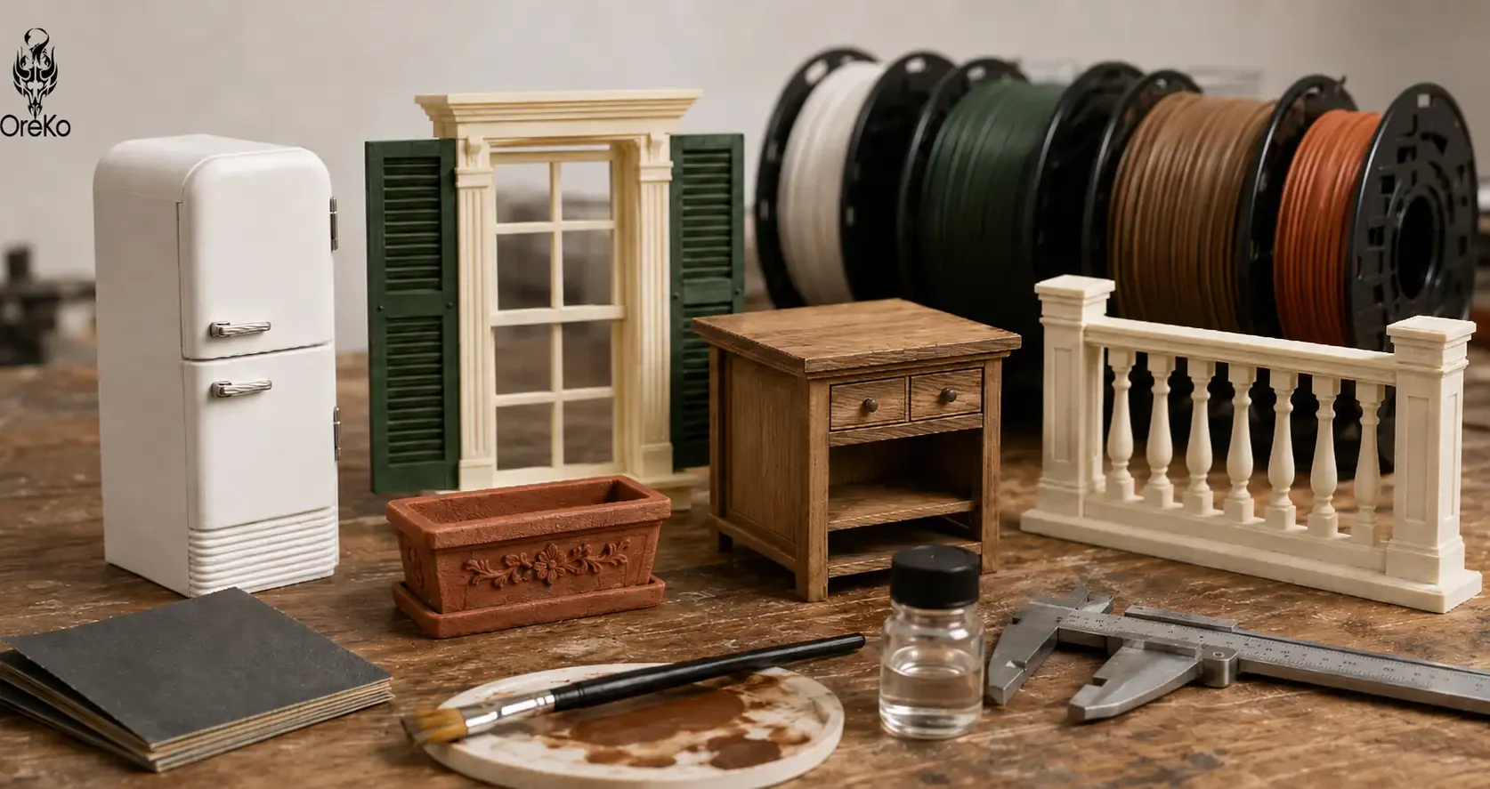 PLA 3D printed dollhouse furniture showing color tips finishing and clean 1:12 scale detail