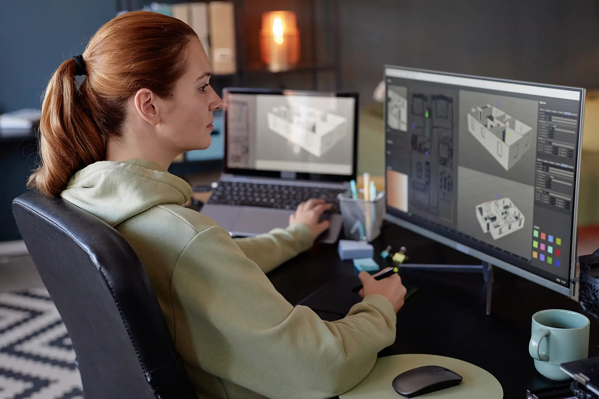 Software designer working on 3D design projects in a modern office environment