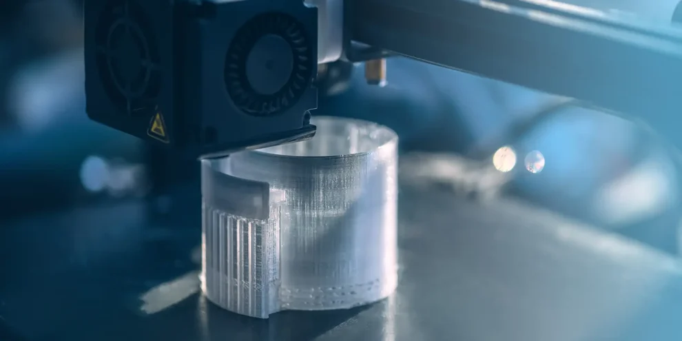 3D Printer Creating Round Plastic Object 3D printer creating a round plastic object showing the FDM layer-by-layer printing process