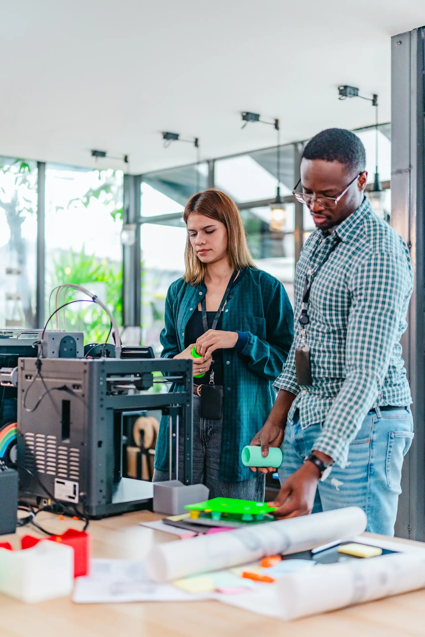 Two colleagues collaborating on a 3D printing project in a professional workshop