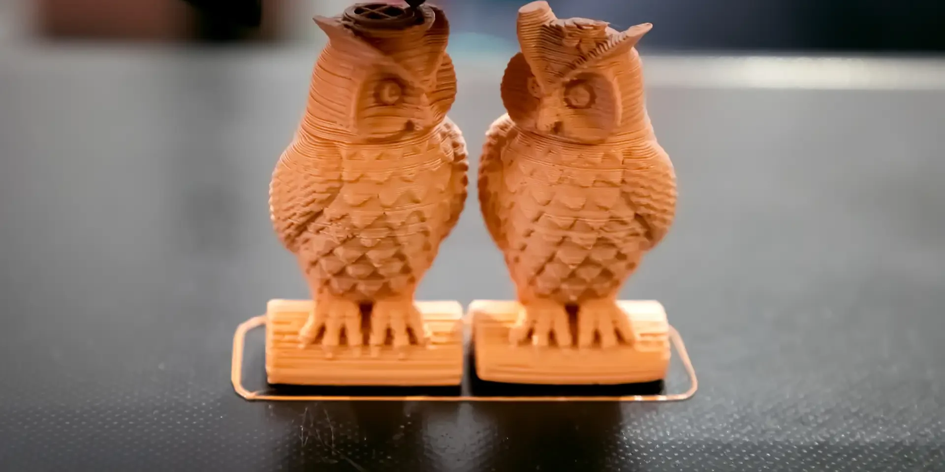 Two 3D printed owls in a workspace Two detailed 3D printed owl figurines sitting in a maker workspace