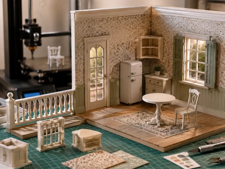 Complete 1:12 scale dollhouse room assembled with 3D printed furniture parts and architectural details