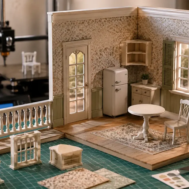 Complete 1:12 scale dollhouse room assembled with 3D printed furniture parts and architectural details
