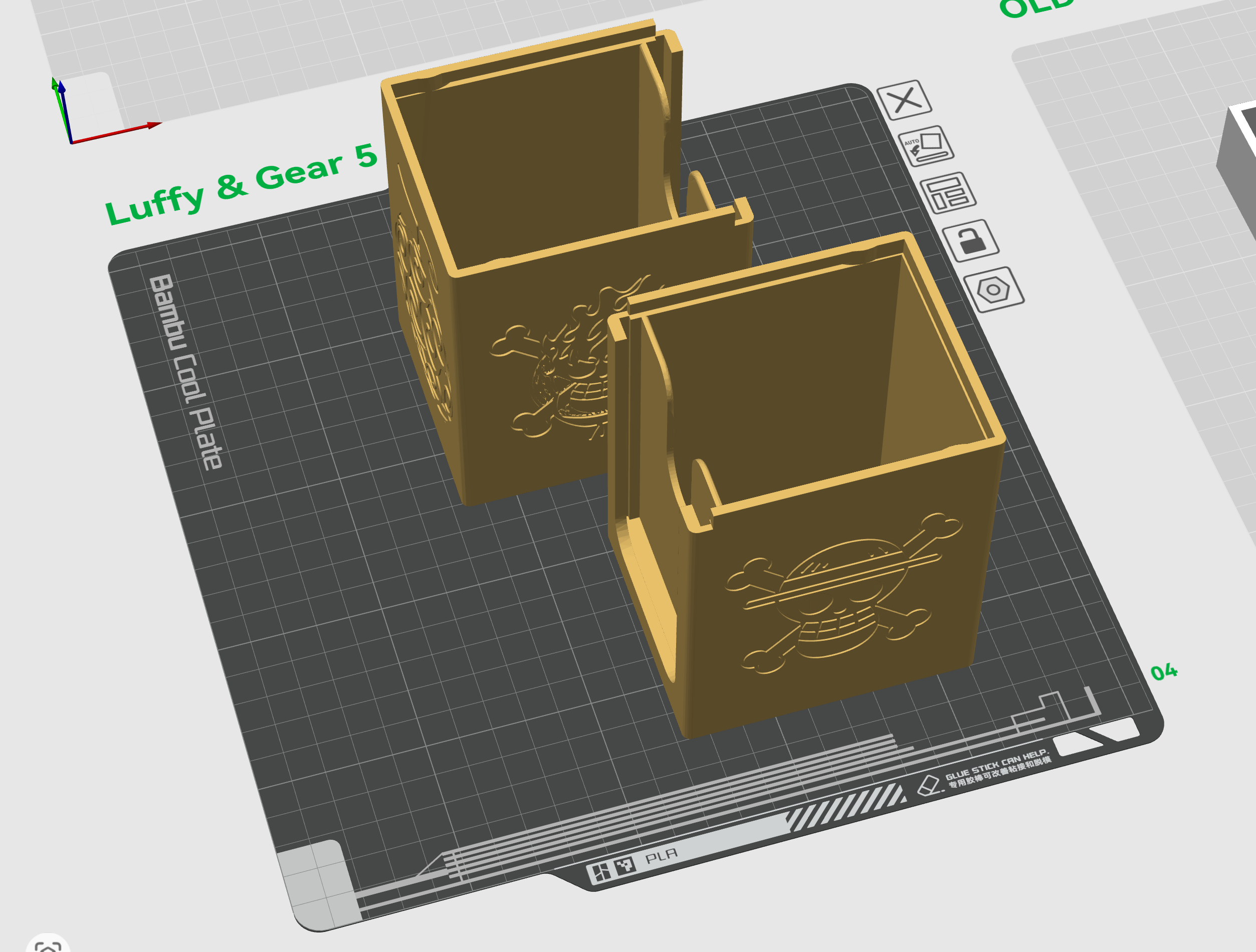Bambu Studio plate layout for Luffy Gear 5 deck box sample prints from OreKo deck maker set