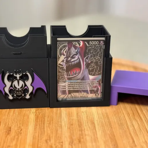 OreKo 3D printed One Piece Card Game deck box maker set showing assembled deck boxes and logo caps