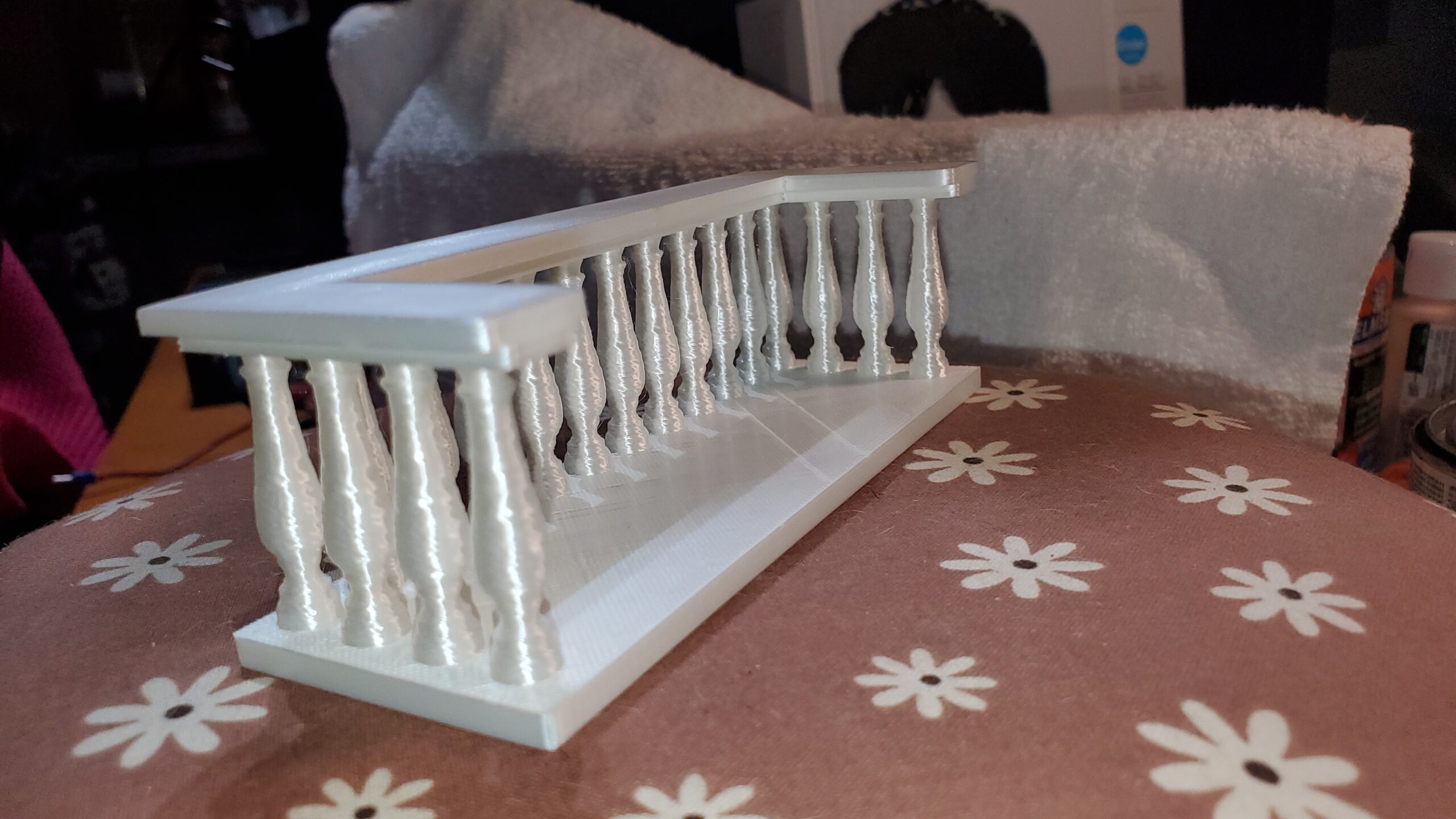 OreKo dollhouse balcony railing set showing close up of balustrade post and rail detail in 3D printed PLA