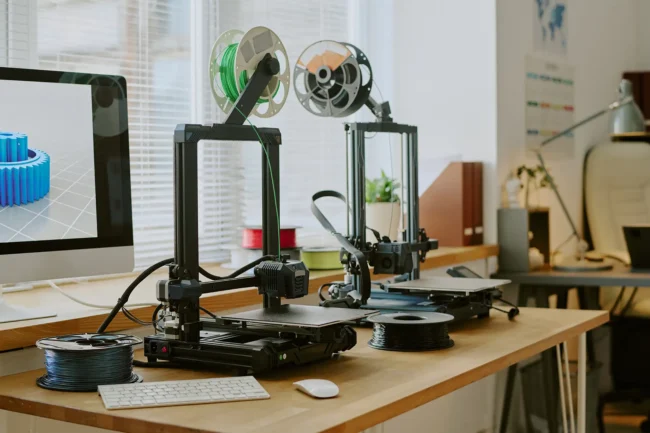 FDM 3D printing machines on office desk near computer workstation