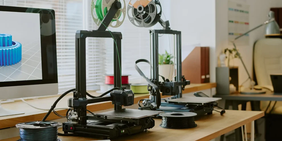 FDM 3D printing machines on office desk near computer FDM 3D printing machines on office desk near computer workstation