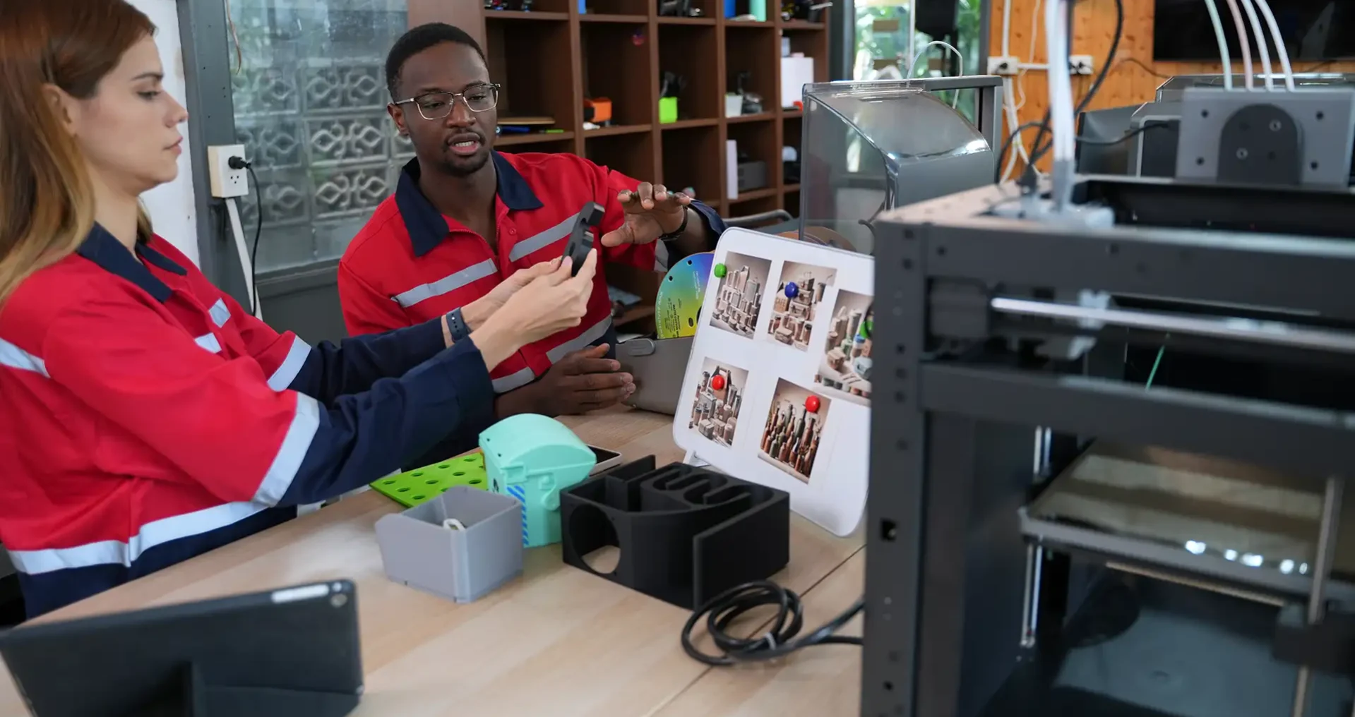 Engineers working at a 3D printing workshop with FDM printers