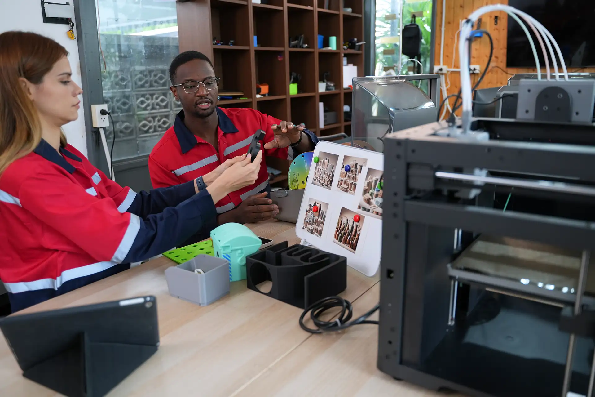 Engineers working at a 3D printing workshop with FDM printers
