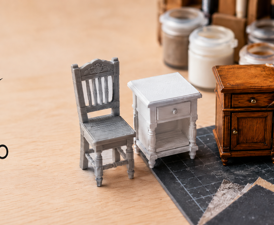 Step by step guide to painting 3D printed dollhouse furniture showing primer and paint process