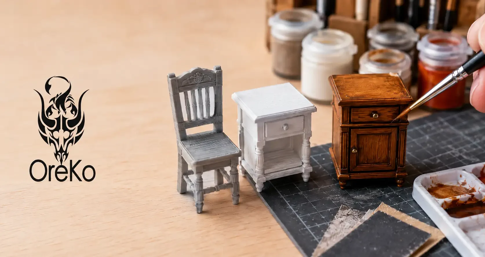 How to paint 3D printed dollhouse furniture with primer base coat and finishing techniques for 1:12 scale