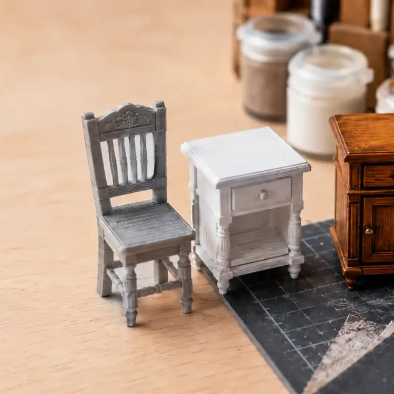 How to paint 3D printed dollhouse furniture with primer base coat and finishing techniques for 1:12 scale