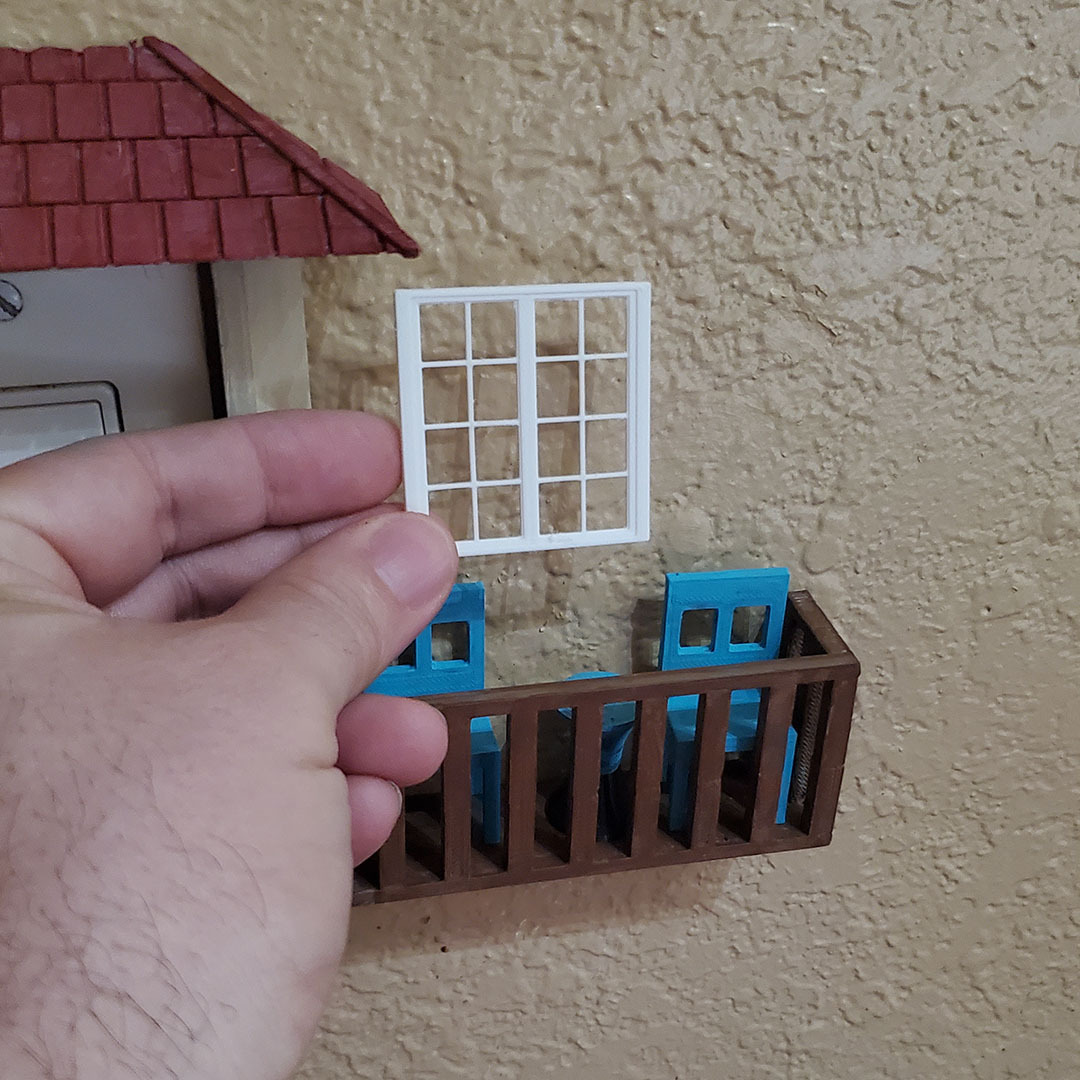 OreKo miniature window with shutters and flower planter 3D printed showing scale comparison