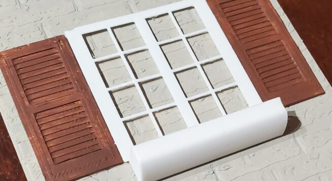 OreKo 3D printed miniature window planter showing wider planter box version with shutters open