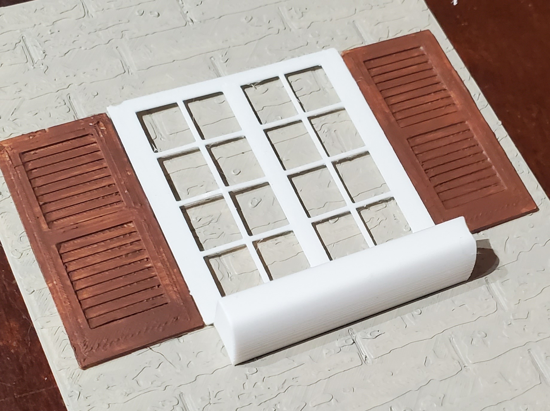 OreKo 3D printed miniature window planter showing wider planter box version with shutters open