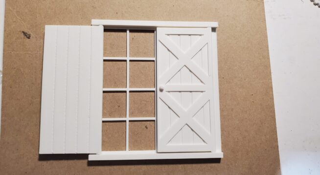 OreKo 3D printed miniature window set showing assembled frame with shutters open and closed detail
