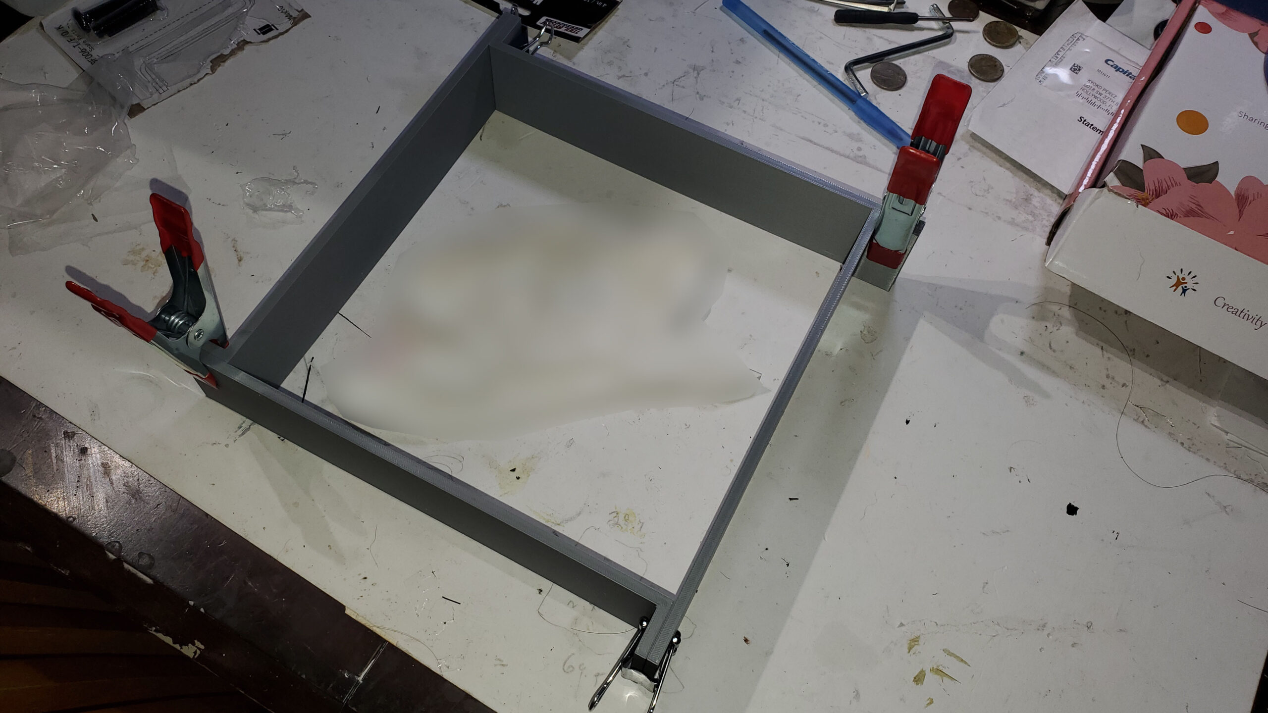 OreKo XL mold box assembled with dollar store clips showing seamless 90 degree corner joints for silicone casting