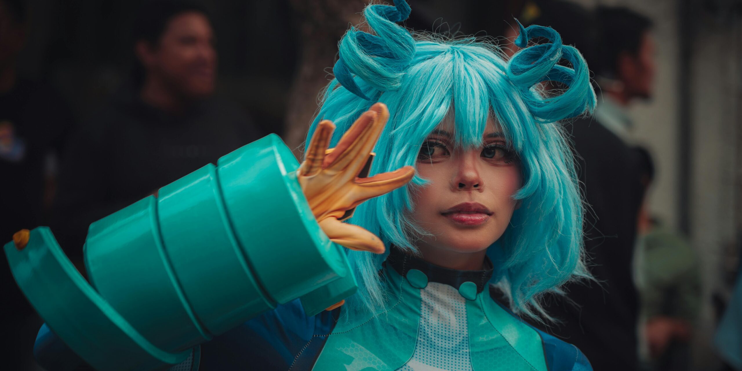 Cosplay prop maker in detailed costume at convention or event
