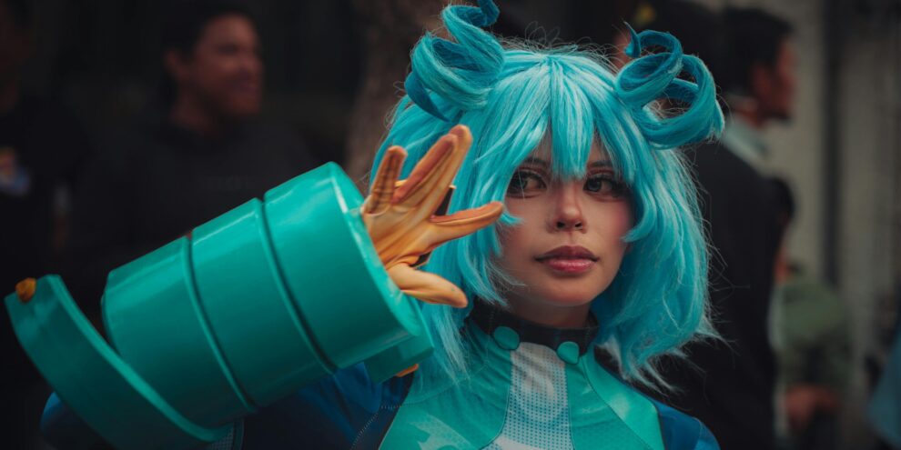 Cosplay prop maker in detailed costume at convention or event