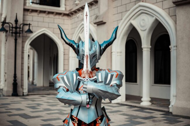 Detailed 3D printed cosplay prop with metallic paint finish and weathering